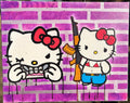 Two Hello Kitty characters on a purple and white checkered background with one holding a gun.