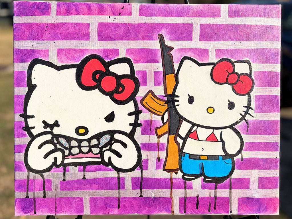 Cartoon characters holding guns on a purple and pink striped background, outdoors.